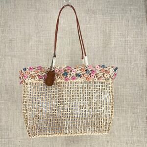 Sun N Sand Woven Beach Bag, Tote, Pocketbook, Beads,‎ Leather straps